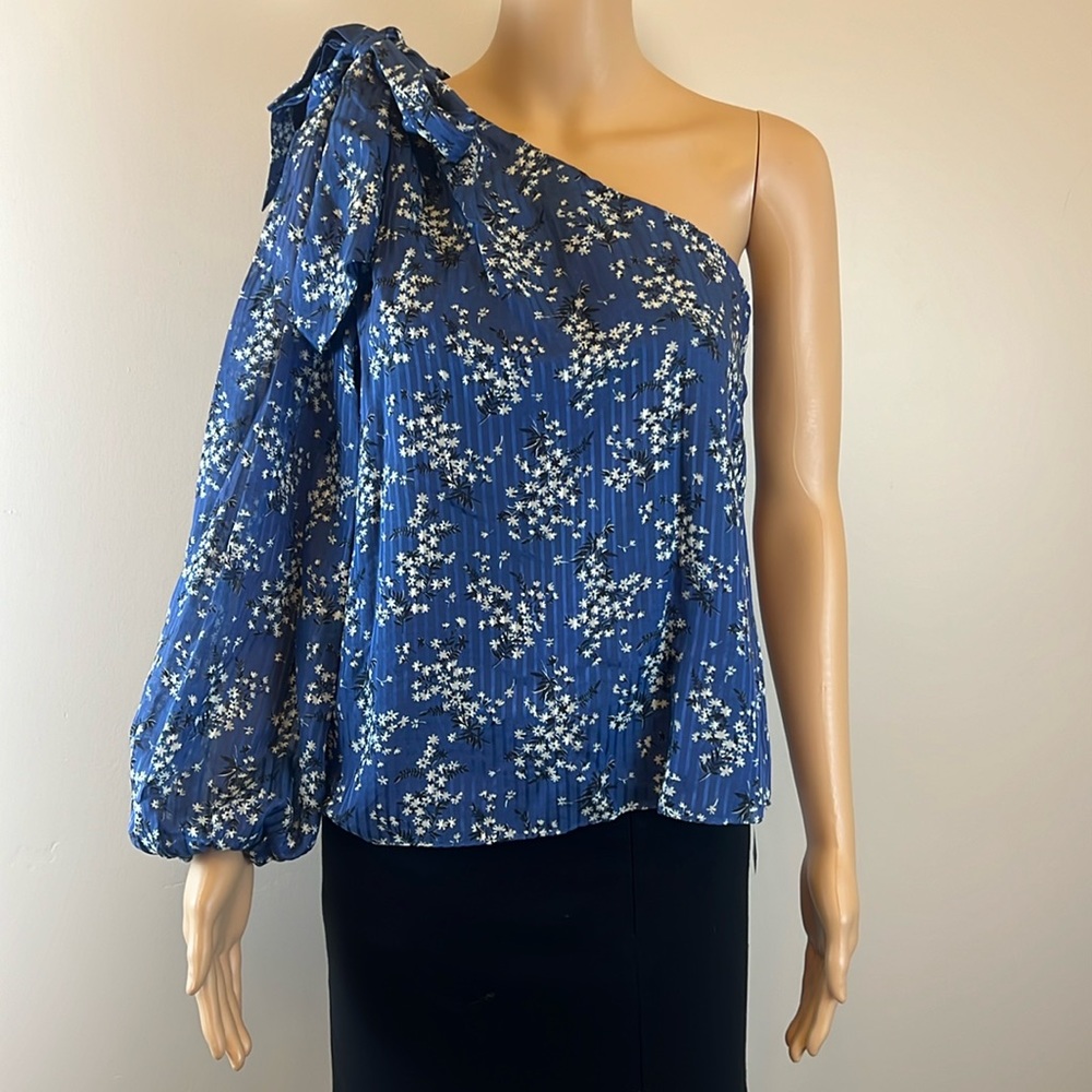 Ulla Johnson Blue Enid One Shoulder Floral Blouse With Bow Tie - Picture 6 of 11